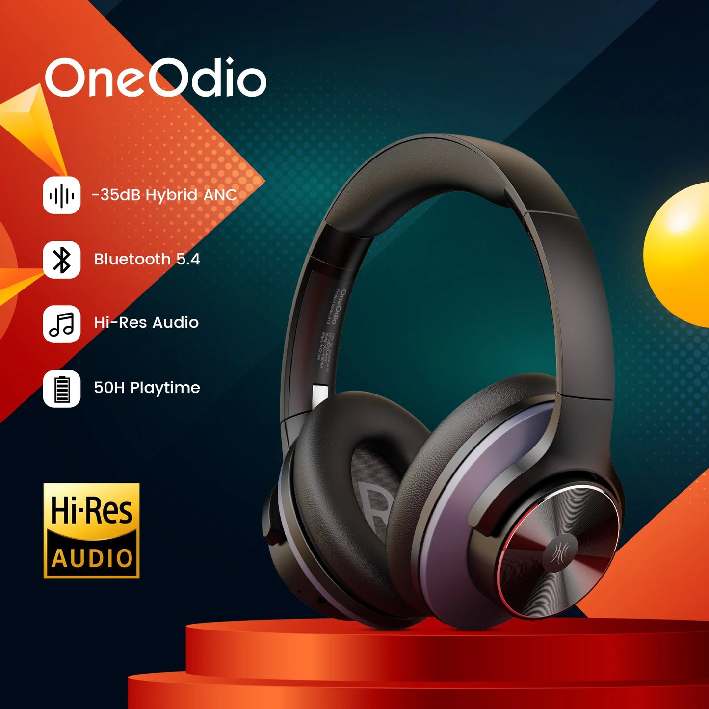 Oneodio ANC Wireless Bluetooth Headset A10 Over Ear Hybrid Active Noise Cancelling Headphones With Microphone Hi-Res Audio Royal Luxe Market