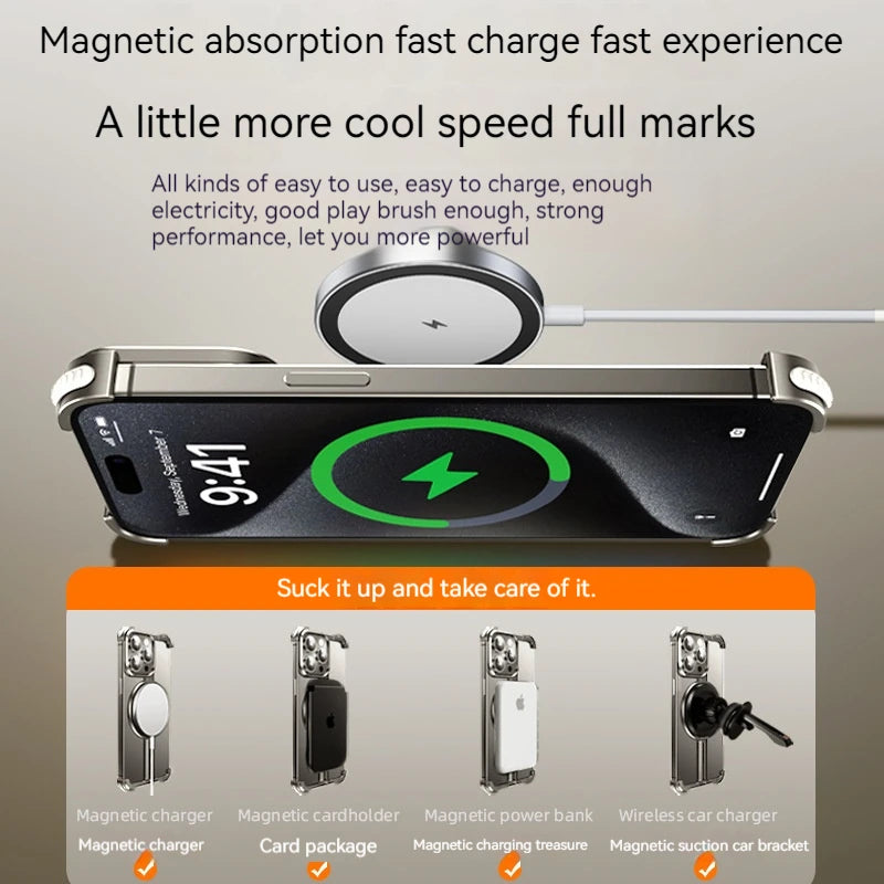 Metal borderless Airbag Anti Drop Cover,For iPhone 14 1516 ProMax Magsafe Wireless Charging Hidden Bracket Shock Absorber Bumper Royal Luxe Market