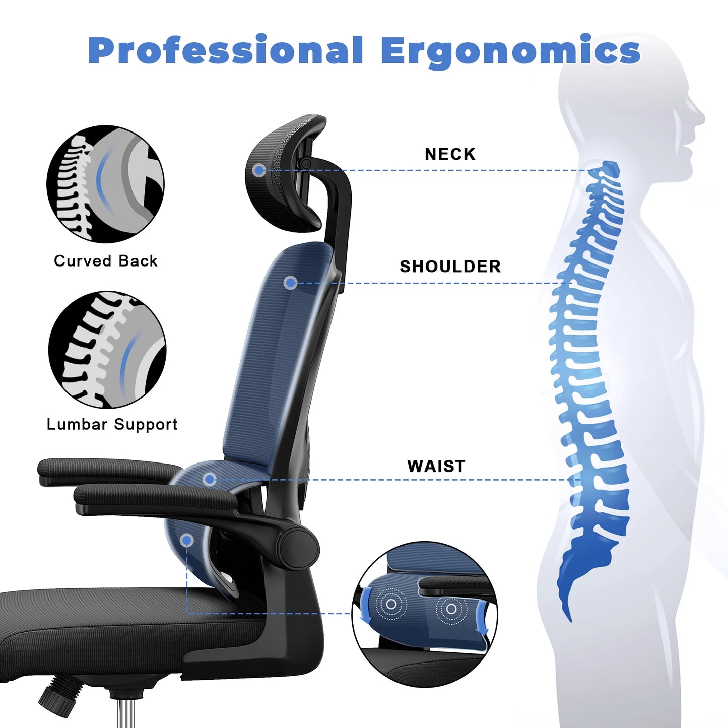 Ergonomic Office Mesh Chair, Liftable High Back Gaming Chair with 3D Lumbar Support, Swivel Desk Chair Seat Depth Adjustable Royal Luxe Market