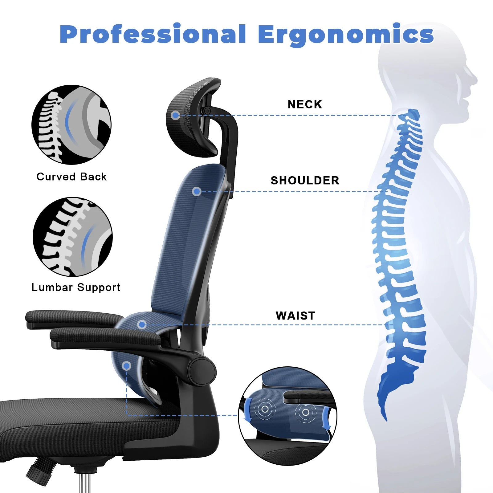 Ergonomic Office Mesh Chair, Liftable High Back Gaming Chair with 3D Lumbar Support, Swivel Desk Chair Seat Depth Adjustable Royal Luxe Market
