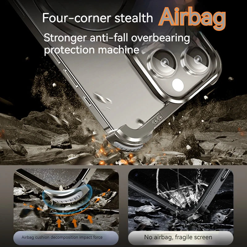 Metal borderless Airbag Anti Drop Cover,For iPhone 14 1516 ProMax Magsafe Wireless Charging Hidden Bracket Shock Absorber Bumper Royal Luxe Market