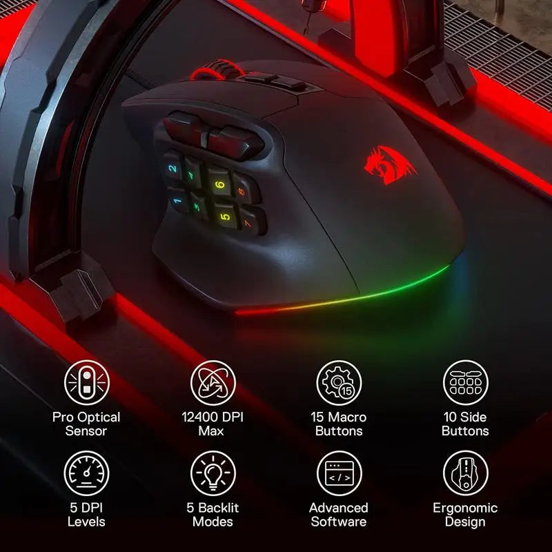 Redragon M811 Aatrox MMO Gaming Mouse, 15 Programmable Buttons Wired RGB Gamer Mouse w/ Ergonomic Natural Grip Build Royal Luxe Market