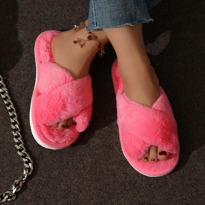 CrissCross Band Plush House Slippers for Women Open Toe Soft Sole Fuzzy Home Shoes Woman Winter Cozy Warm Indoor Floor Slippers Royal Luxe Market