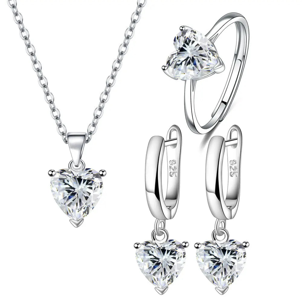 Heart Zircon 925 Silver Jewelry Sets Elegant Women's Ring Earrings Necklace Wedding Bridal Engagement Accessories Royal Luxe Market