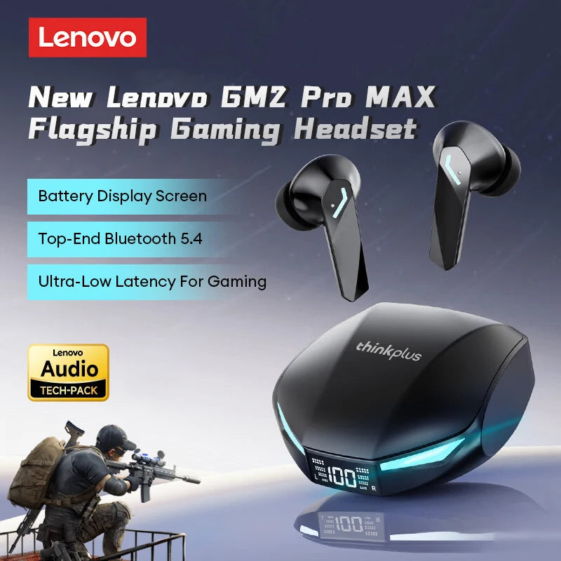 New Lenovo GM2 PRO MAX Wireless Bluetooth 5.4 Earphones LED Digital Display Waterproof Earbuds Noise Cancelling Gaming Headset Royal Luxe Market