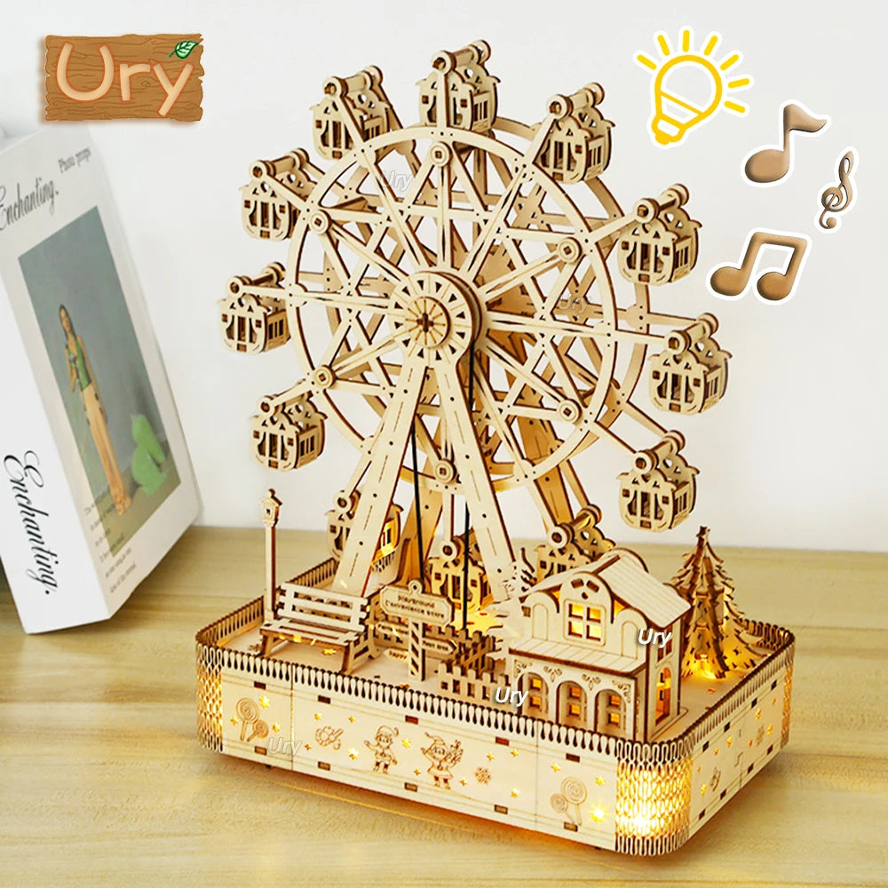 3D Wooden Puzzles Led Rotatable Ferris Wheel Music Octave Box Model Mechanical Kit Assembly Decor DIY Toy Gift for Kid Adult - Royal Luxe Market