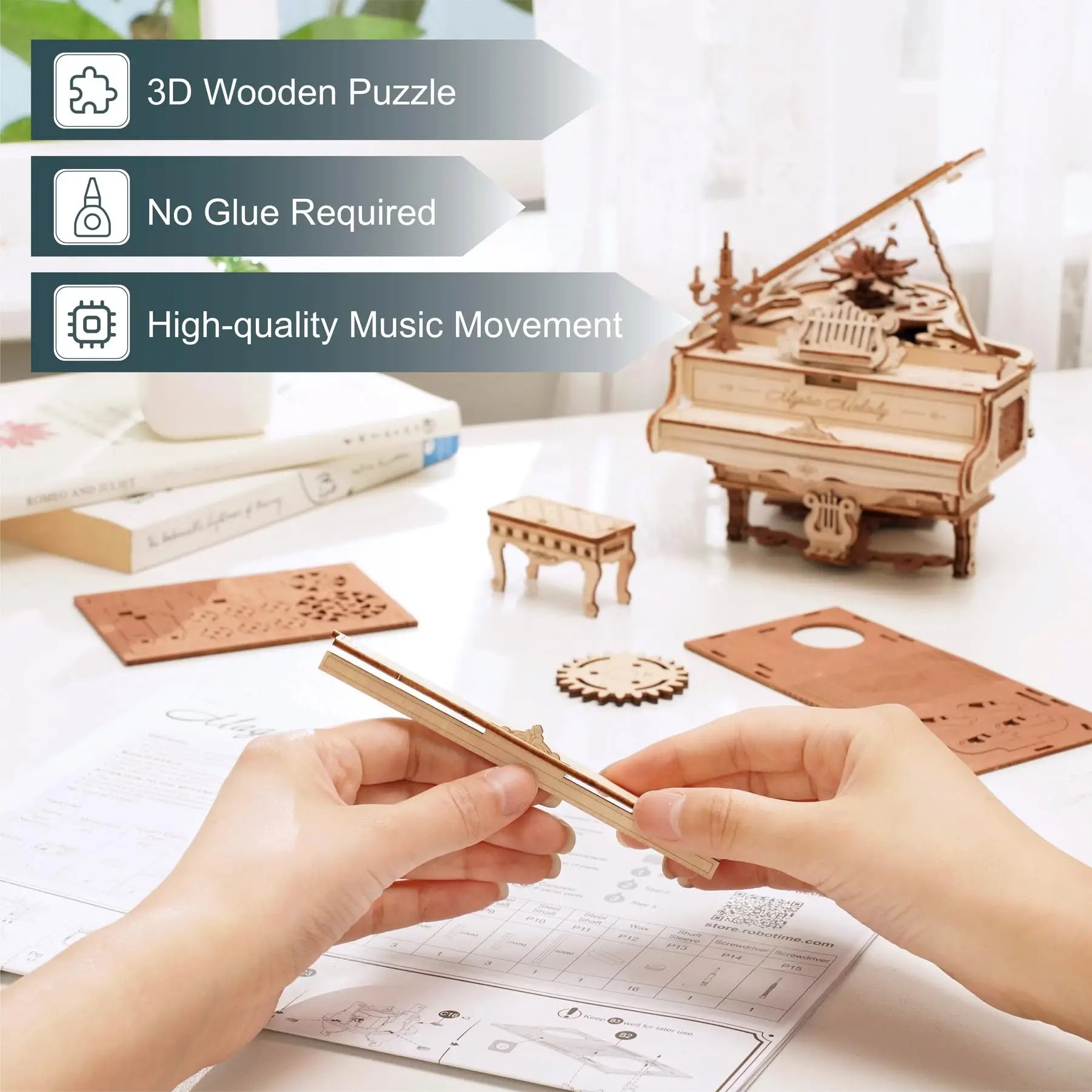 Robotime Rokr Magic Piano Mechanical Self-playing Music Box for Kids and Adults Building Block Kits Toys 3D Wooden Puzzle AMK81 - Royal Luxe Market