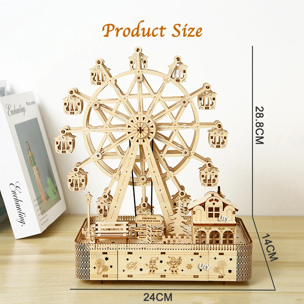 3D Wooden Puzzles Led Rotatable Ferris Wheel Music Octave Box Model Mechanical Kit Assembly Decor DIY Toy Gift for Kid Adult - Royal Luxe Market