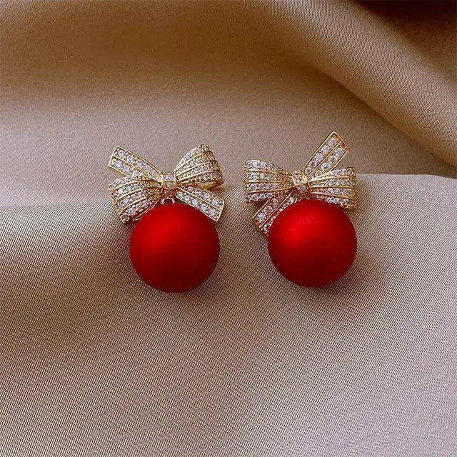 Zircon Bow Knot Round Pearl Pendant Gold Color C Shape Earrings for Women Elegant Delicate Sweet Girls Party Jewellry Royal Luxe Market