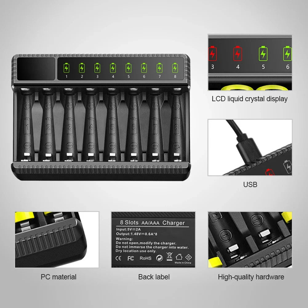 Intelligent Smart Battery Charger LED Display for 1.2V AA/AAA NiMH Rechargeable Batteries 8 Slots Ni-MH Battery Charger Royal Luxe Market
