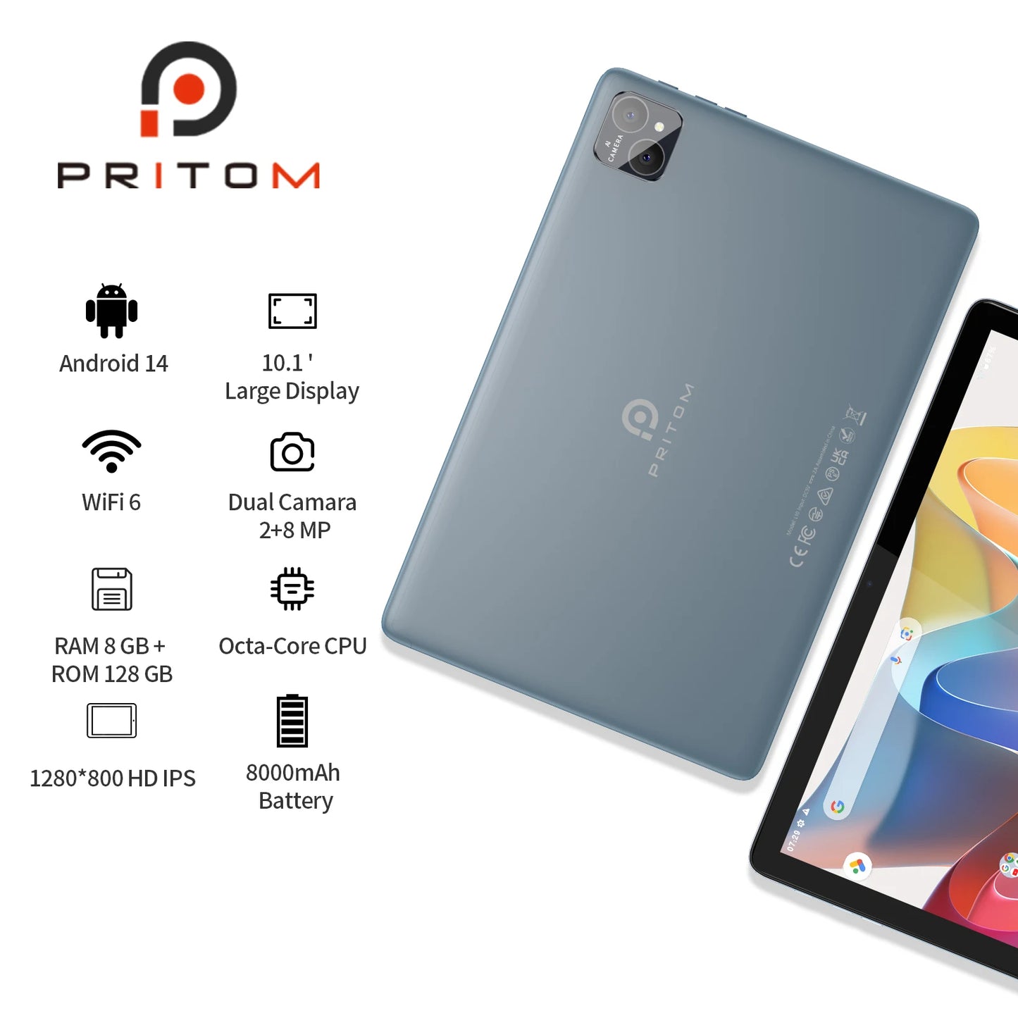 PRITOM TAB11 Android 14 Tablet 10 Inch, 8GB(4+4 Expand) RAM + 128GB ROM, Octa Core, 5G WiFi, with Keyboard, Mouse, Case Royal Luxe Market