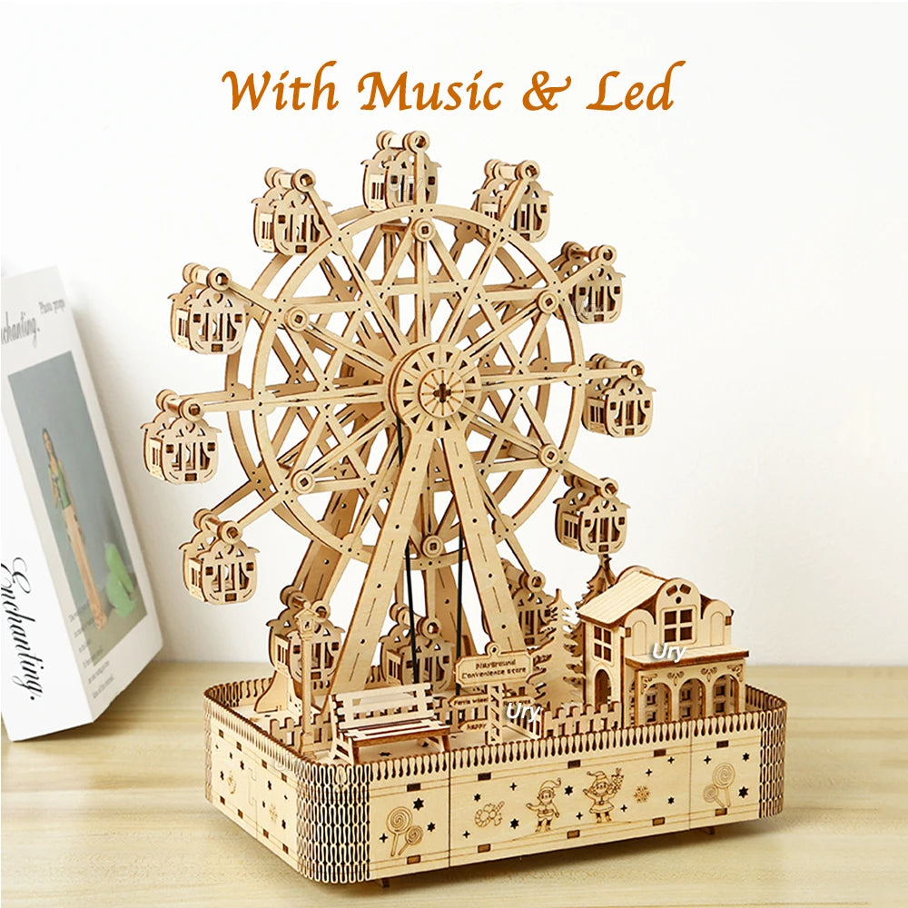 3D Wooden Puzzles Led Rotatable Ferris Wheel Music Octave Box Model Mechanical Kit Assembly Decor DIY Toy Gift for Kid Adult - Royal Luxe Market