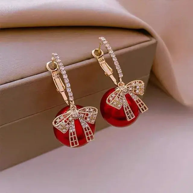 Zircon Bow Knot Round Pearl Pendant Gold Color C Shape Earrings for Women Elegant Delicate Sweet Girls Party Jewellry Royal Luxe Market