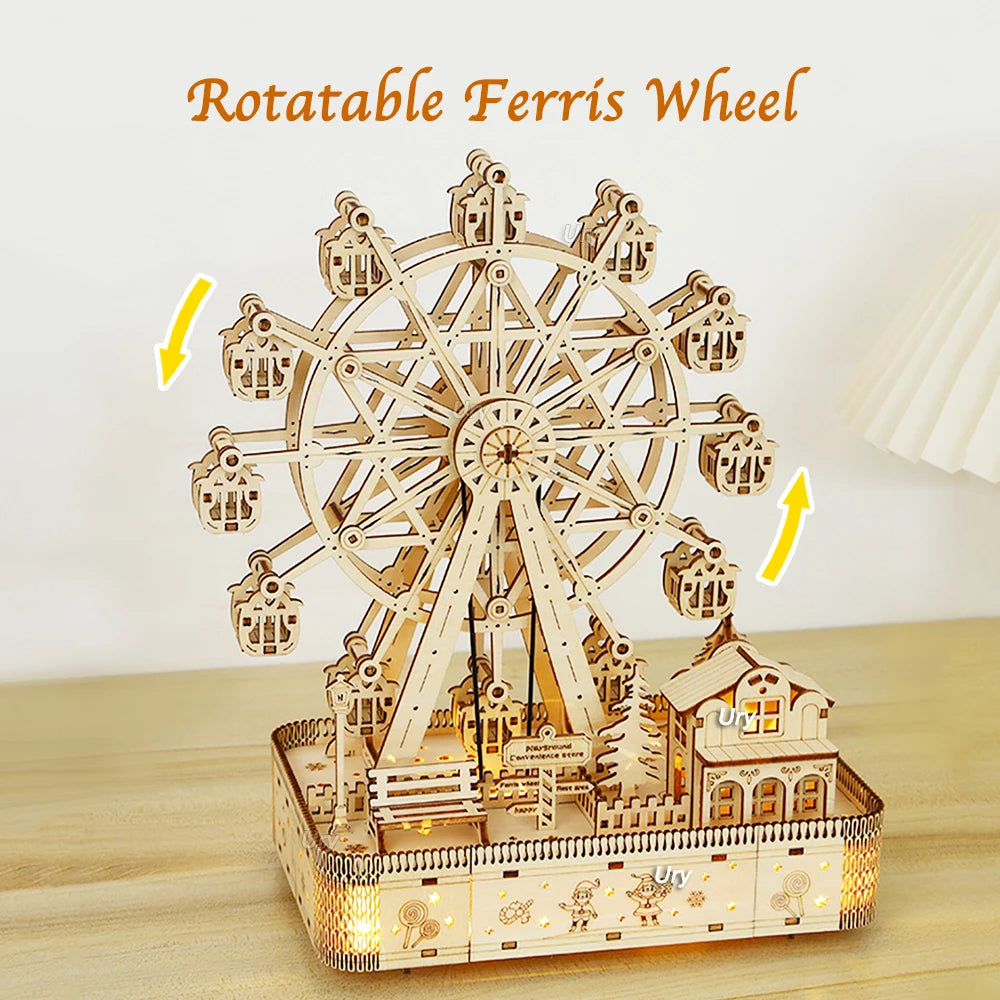 3D Wooden Puzzles Led Rotatable Ferris Wheel Music Octave Box Model Mechanical Kit Assembly Decor DIY Toy Gift for Kid Adult - Royal Luxe Market