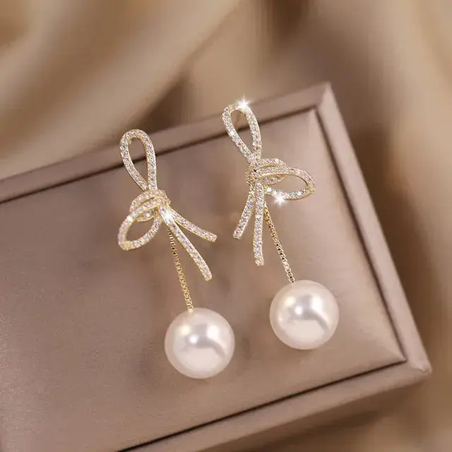 Zircon Bow Knot Round Pearl Pendant Gold Color C Shape Earrings for Women Elegant Delicate Sweet Girls Party Jewellry Royal Luxe Market