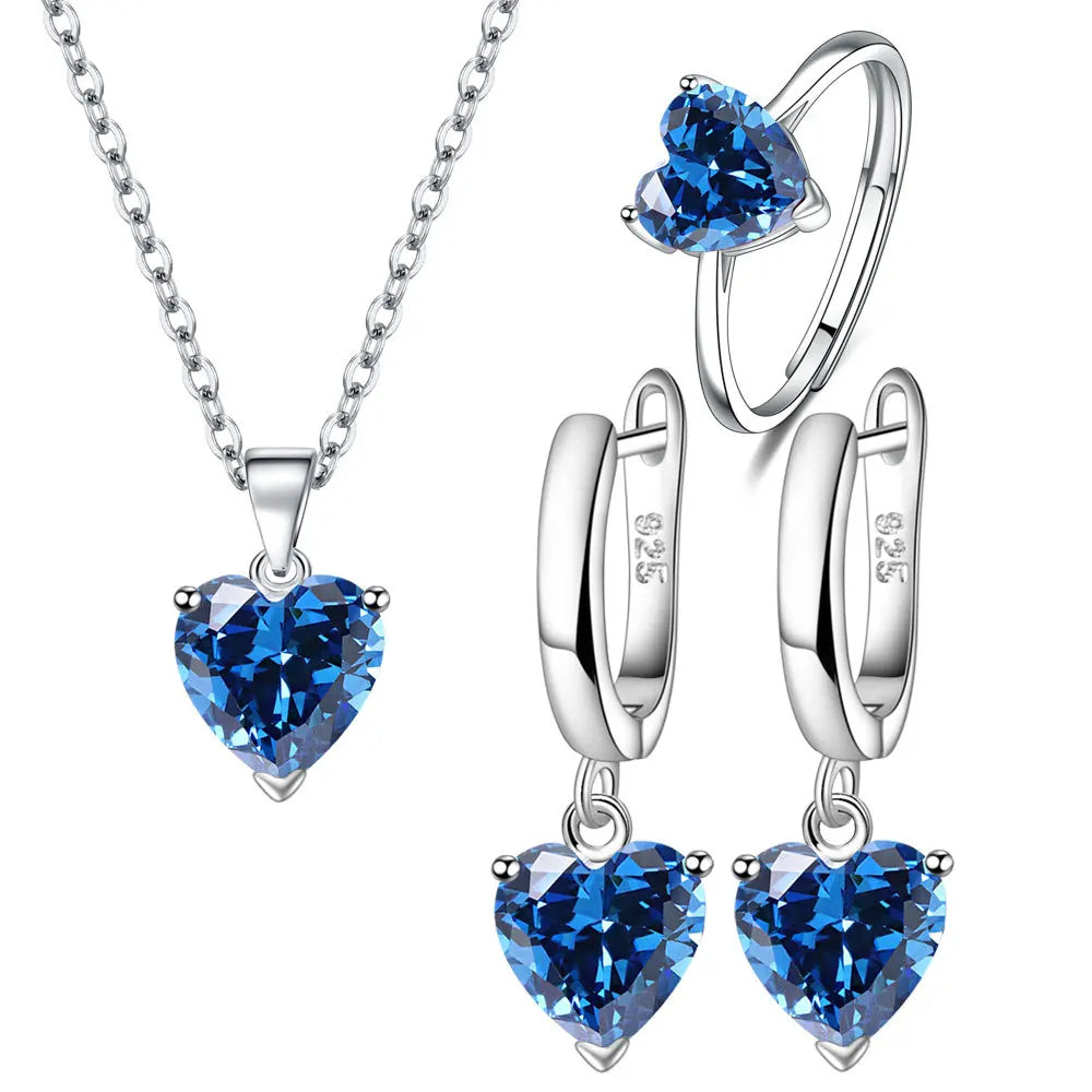 Heart Zircon 925 Silver Jewelry Sets Elegant Women's Ring Earrings Necklace Wedding Bridal Engagement Accessories Royal Luxe Market