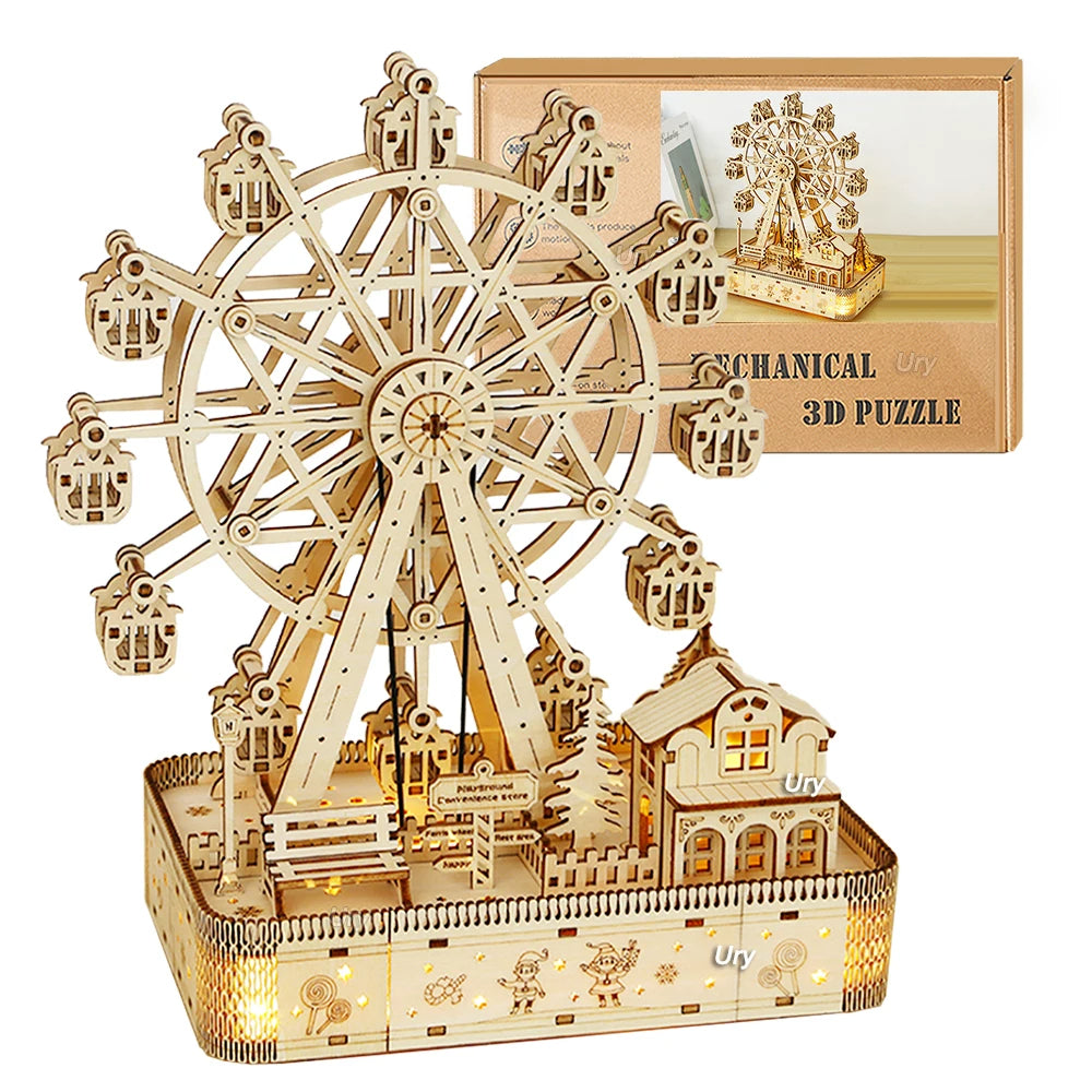 3D Wooden Puzzles Led Rotatable Ferris Wheel Music Octave Box Model Mechanical Kit Assembly Decor DIY Toy Gift for Kid Adult - Royal Luxe Market