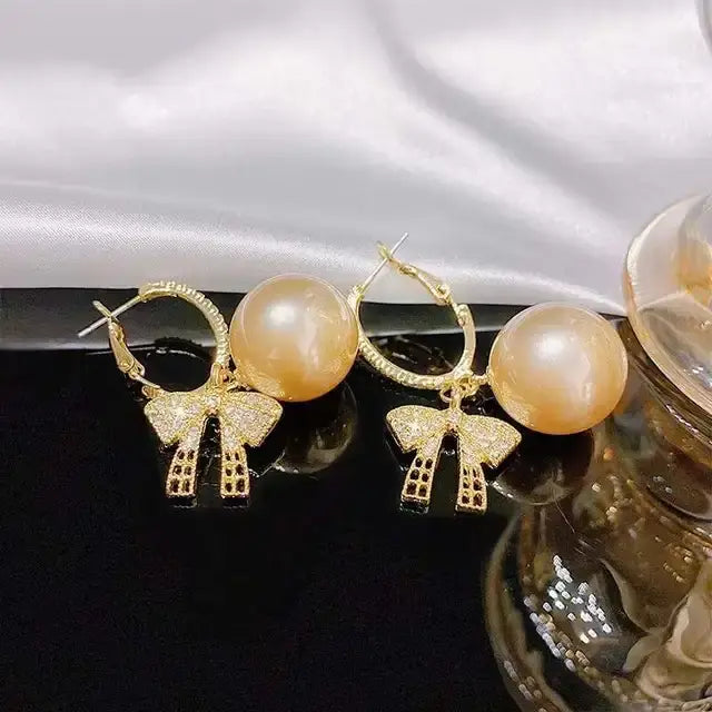 Zircon Bow Knot Round Pearl Pendant Gold Color C Shape Earrings for Women Elegant Delicate Sweet Girls Party Jewellry Royal Luxe Market