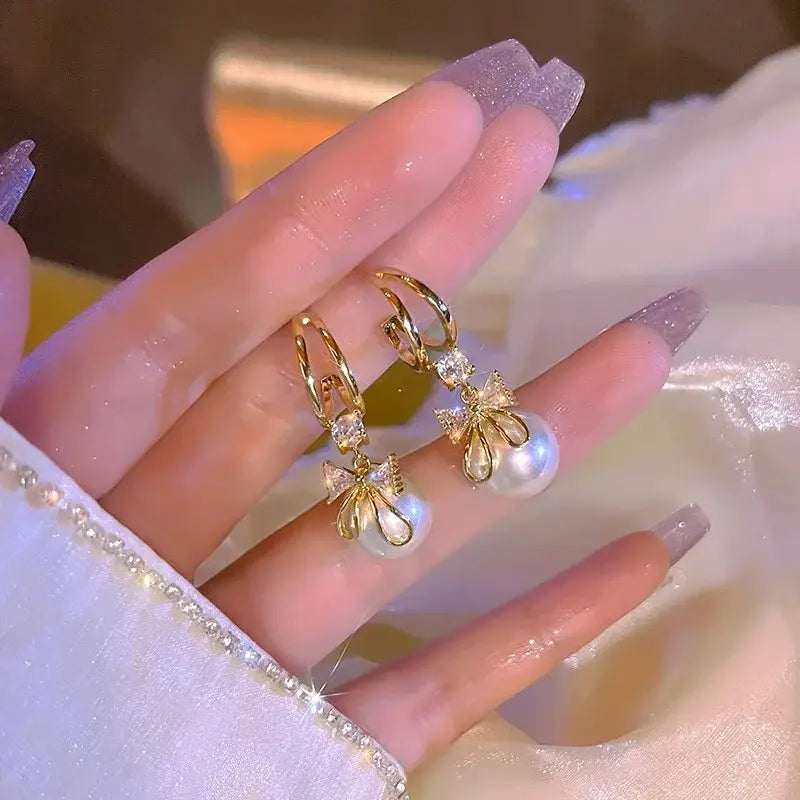 Zircon Bow Knot Round Pearl Pendant Gold Color C Shape Earrings for Women Elegant Delicate Sweet Girls Party Jewellry Royal Luxe Market