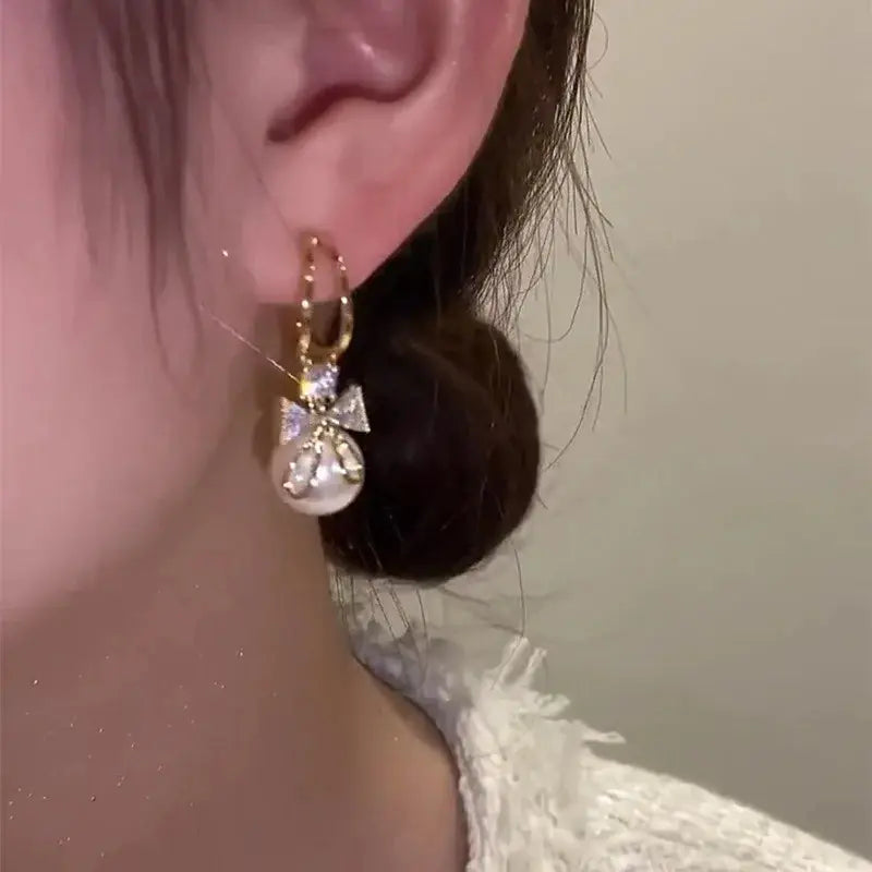 Zircon Bow Knot Round Pearl Pendant Gold Color C Shape Earrings for Women Elegant Delicate Sweet Girls Party Jewellry Royal Luxe Market