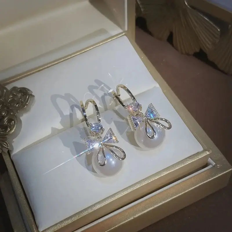 Zircon Bow Knot Round Pearl Pendant Gold Color C Shape Earrings for Women Elegant Delicate Sweet Girls Party Jewellry Royal Luxe Market