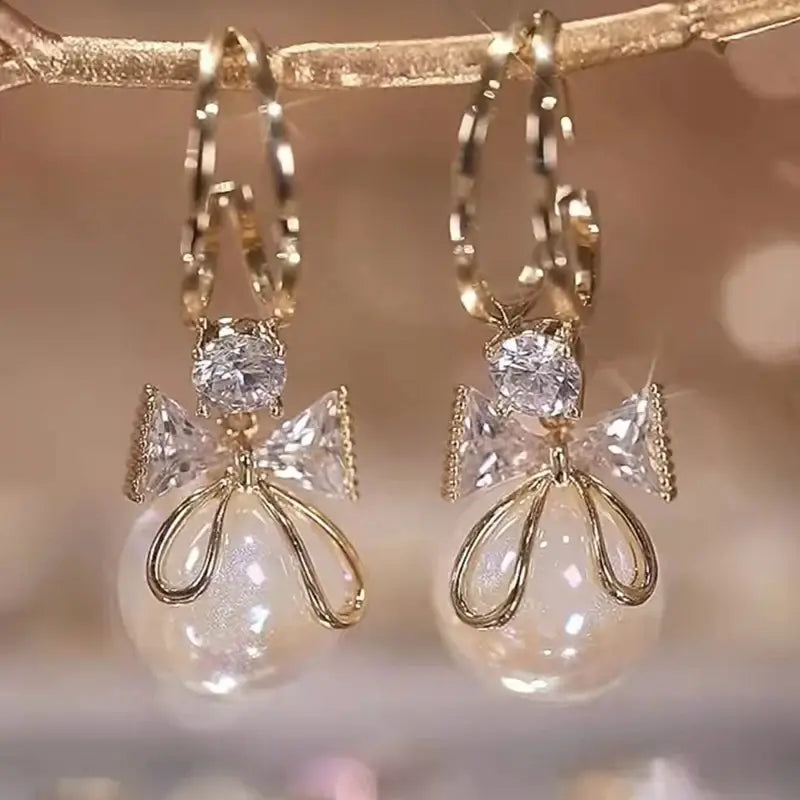Zircon Bow Knot Round Pearl Pendant Gold Color C Shape Earrings for Women Elegant Delicate Sweet Girls Party Jewellry Royal Luxe Market
